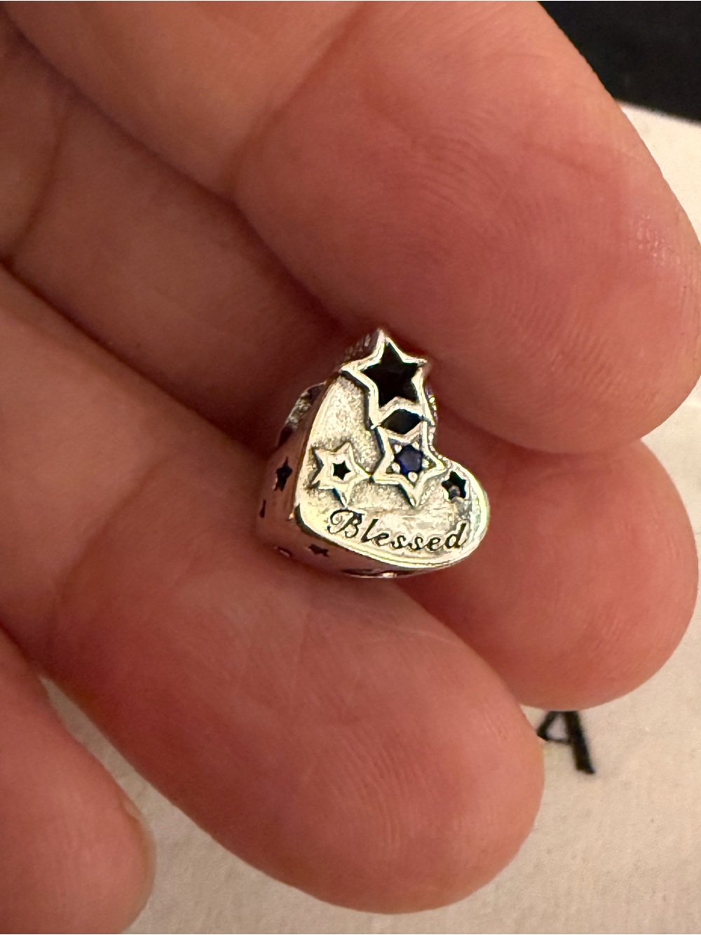 Silver 'Blessed' Heart Charm with Star Cutouts - Silver